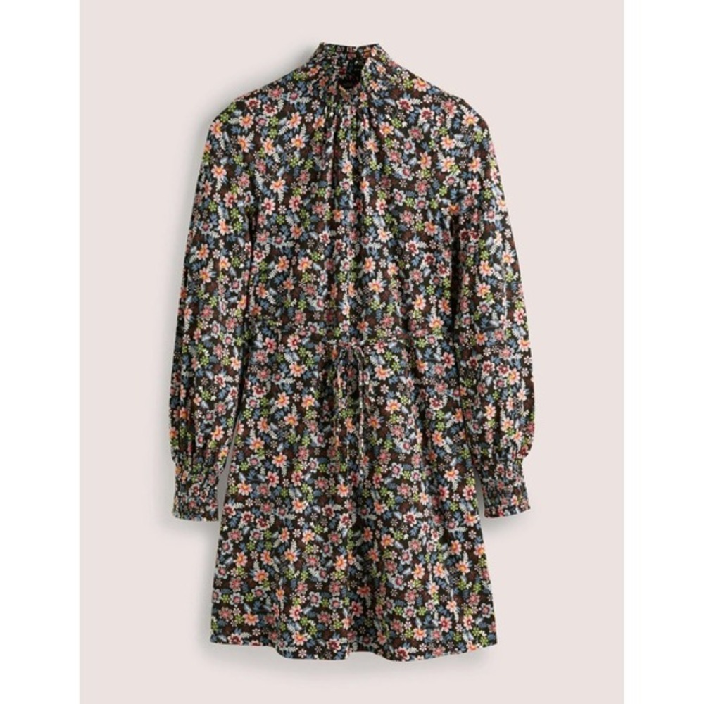 BODEN Floral Shift Dress Black Opulent Leaf Tie Waist Smocked 16 18 Tall Long - Picture 12 of 16